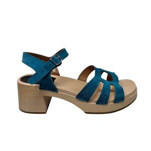 Swedish Hasbeens Luxury Sandal Wood Block Clog Size 41 Peacock Blue Suede